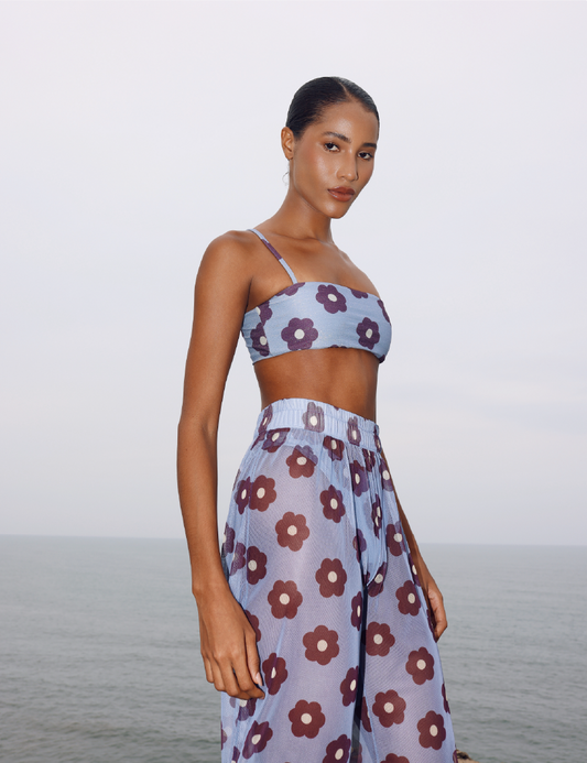 Pantalón Mini Flowers OPHIA × easypeople – vista superior, estampado Mini Flowers edición limitada