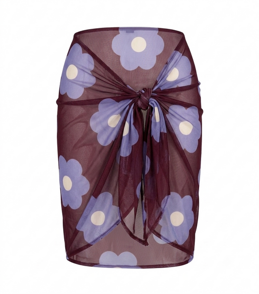 Pareo Bold Flower OPHIA × easypeople – tela semitransparente vino con flores azul lavanda, anudado al frente