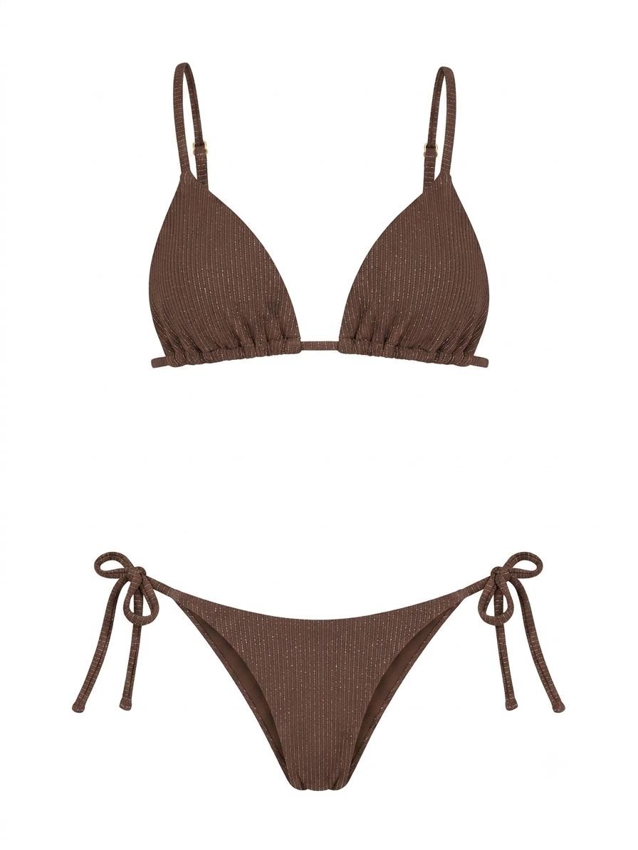 Detalle de textura textil café con brillo plateado de conjunto de bikini Rio marca Ophia