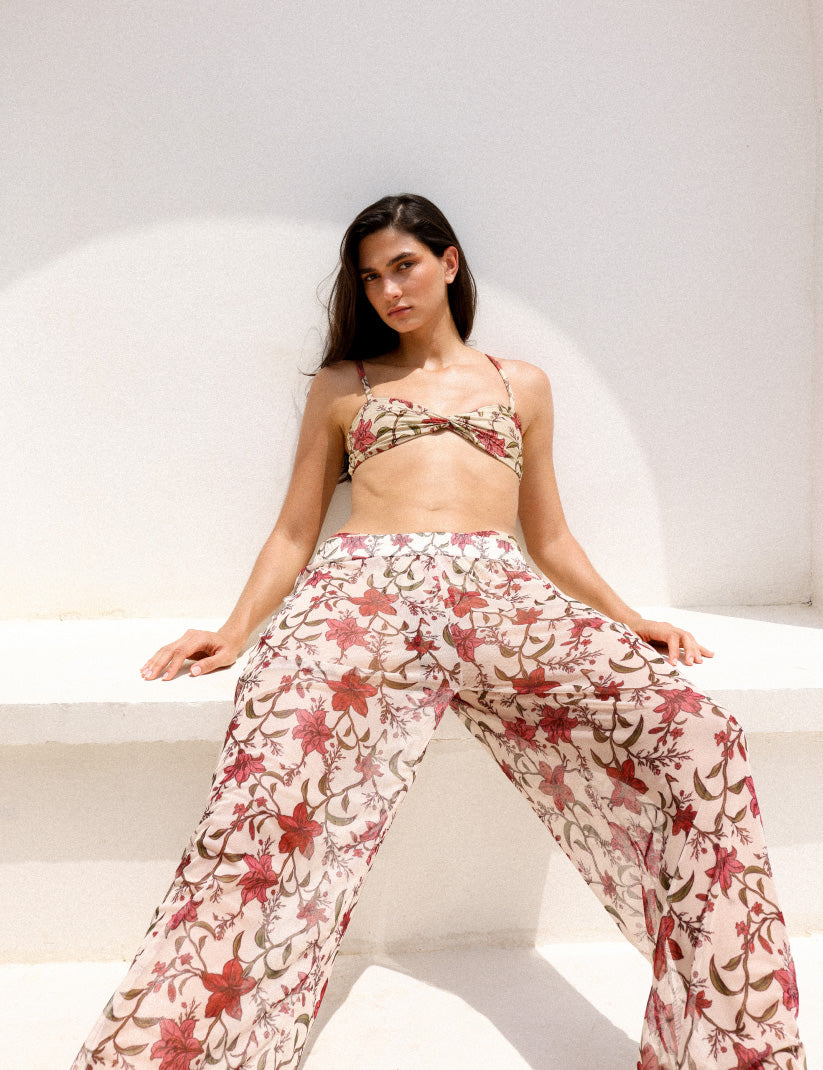 Pantalón ancho fluido de playa con estampado floral colección Lilium Dahlia Ophia